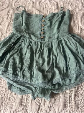 Free People Sage Green Textured Romper with Button Front